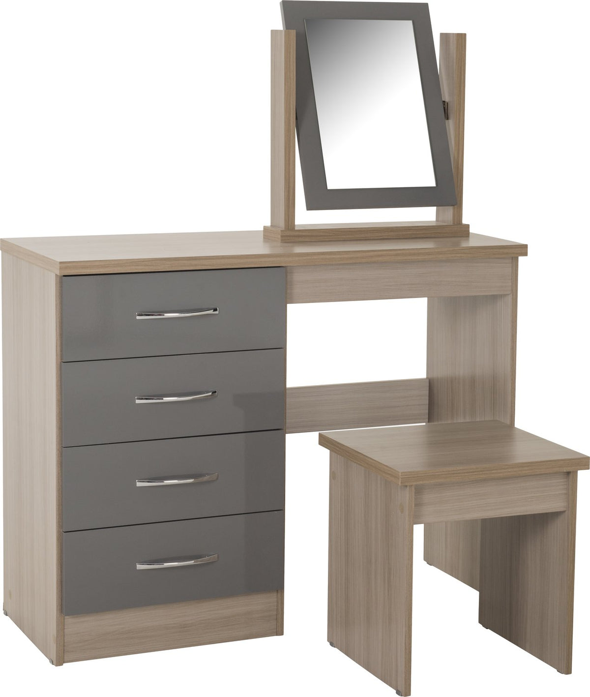 Nevada 4 Drawer Dressing Table Set - Grey Gloss/Light Oak Effect Veneer