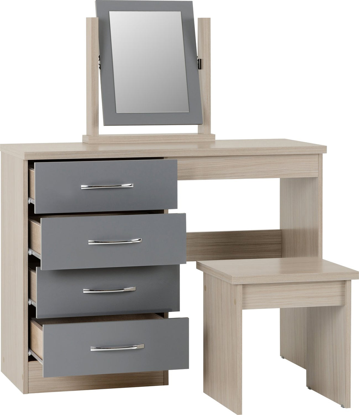Nevada 4 Drawer Dressing Table Set - Grey Gloss/Light Oak Effect Veneer