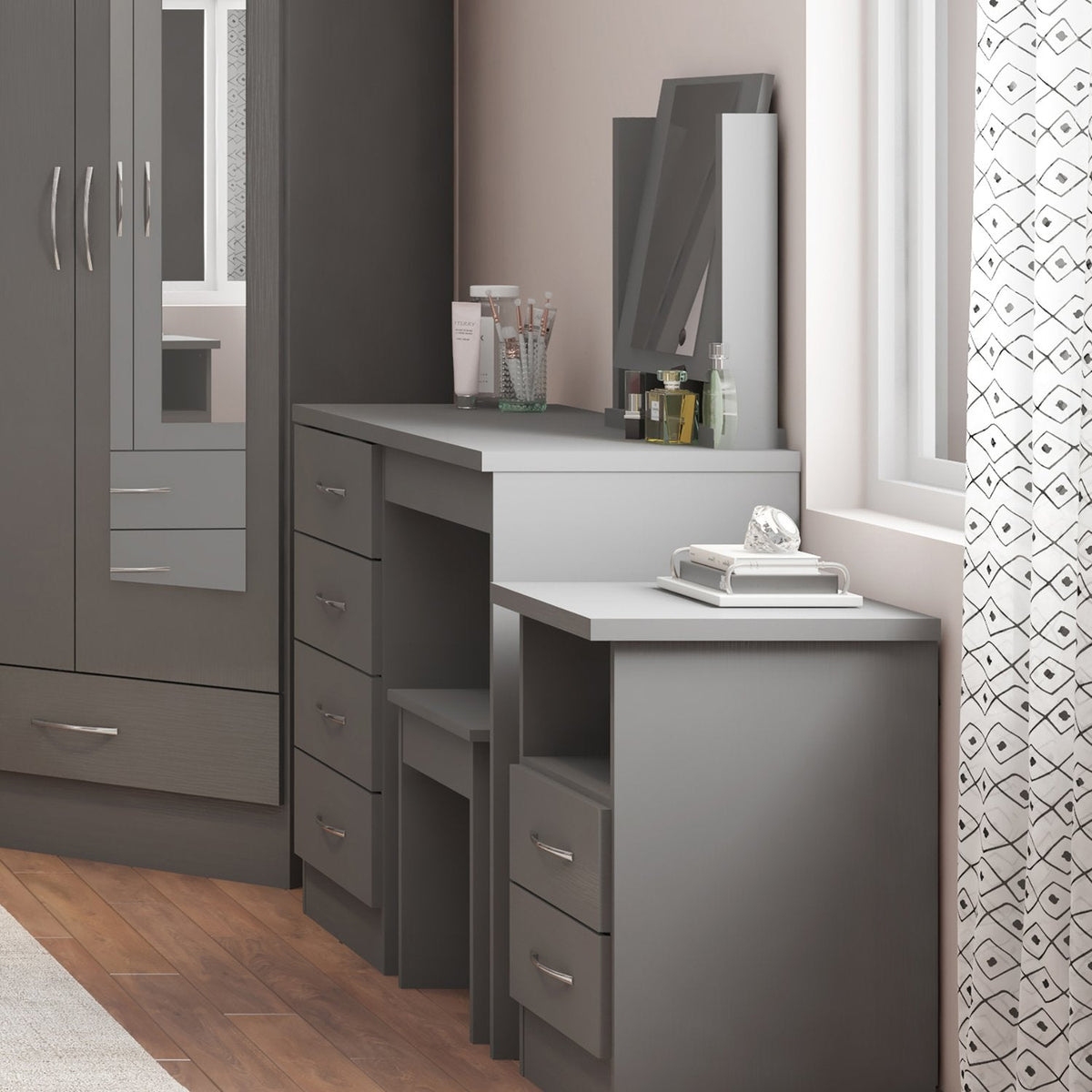 Nevada 4 Drawer Dressing Table Set - 3D Effect Grey