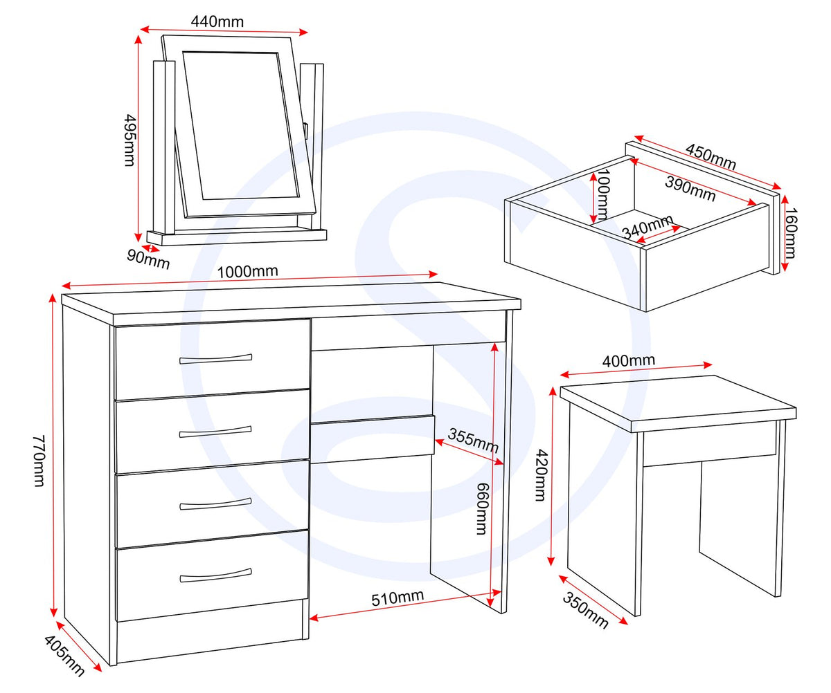 Nevada 4 Drawer Dressing Table Set - 3D Effect Grey
