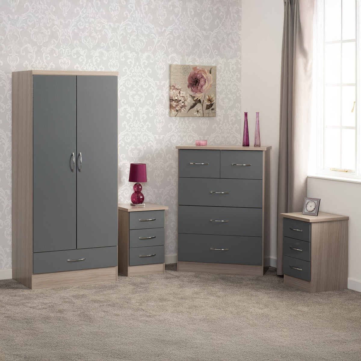 Nevada 2 Door 1 Drawer Wardrobe Bedroom Set - Grey Gloss/Light Oak Effect Veneer