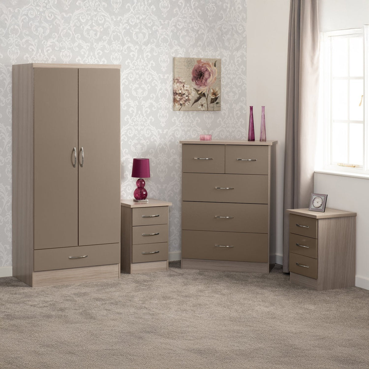 Nevada 2 Door 1 Drawer Wardrobe Bedroom Set - Oyster Gloss/Light Oak Effect Veneer