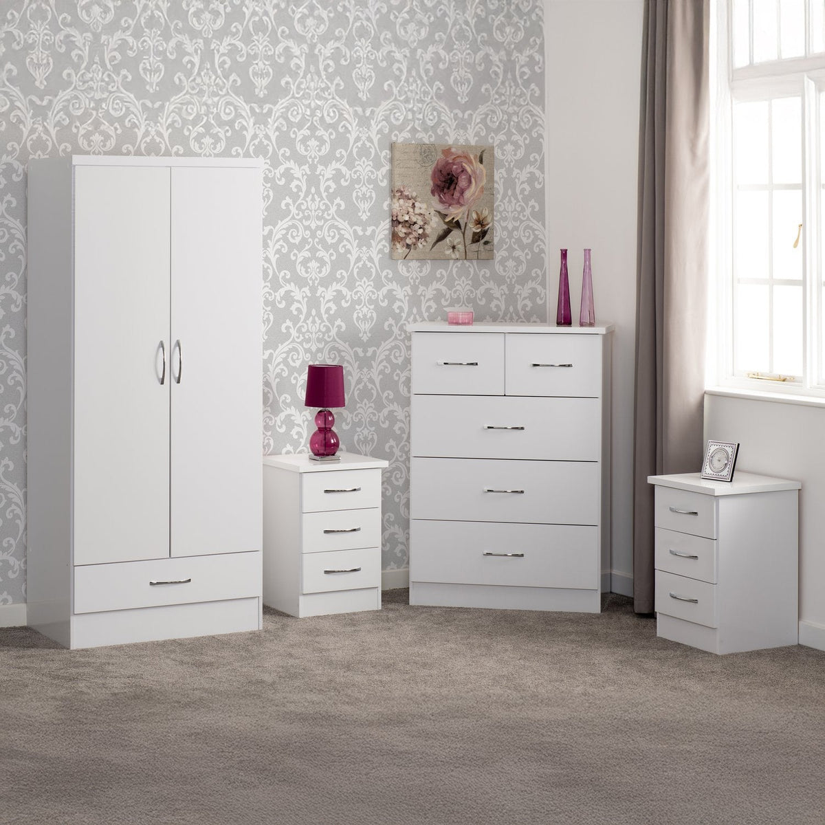Nevada 2 Door 1 Drawer Wardrobe Bedroom Set - White Gloss