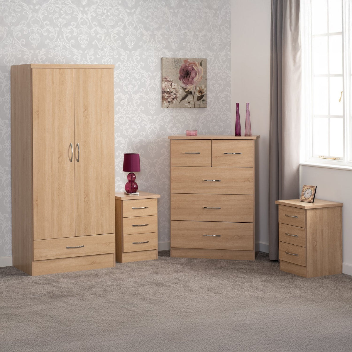 Nevada 2 Door 1 Drawer Wardrobe Bedroom Set - Sonoma Oak Effect