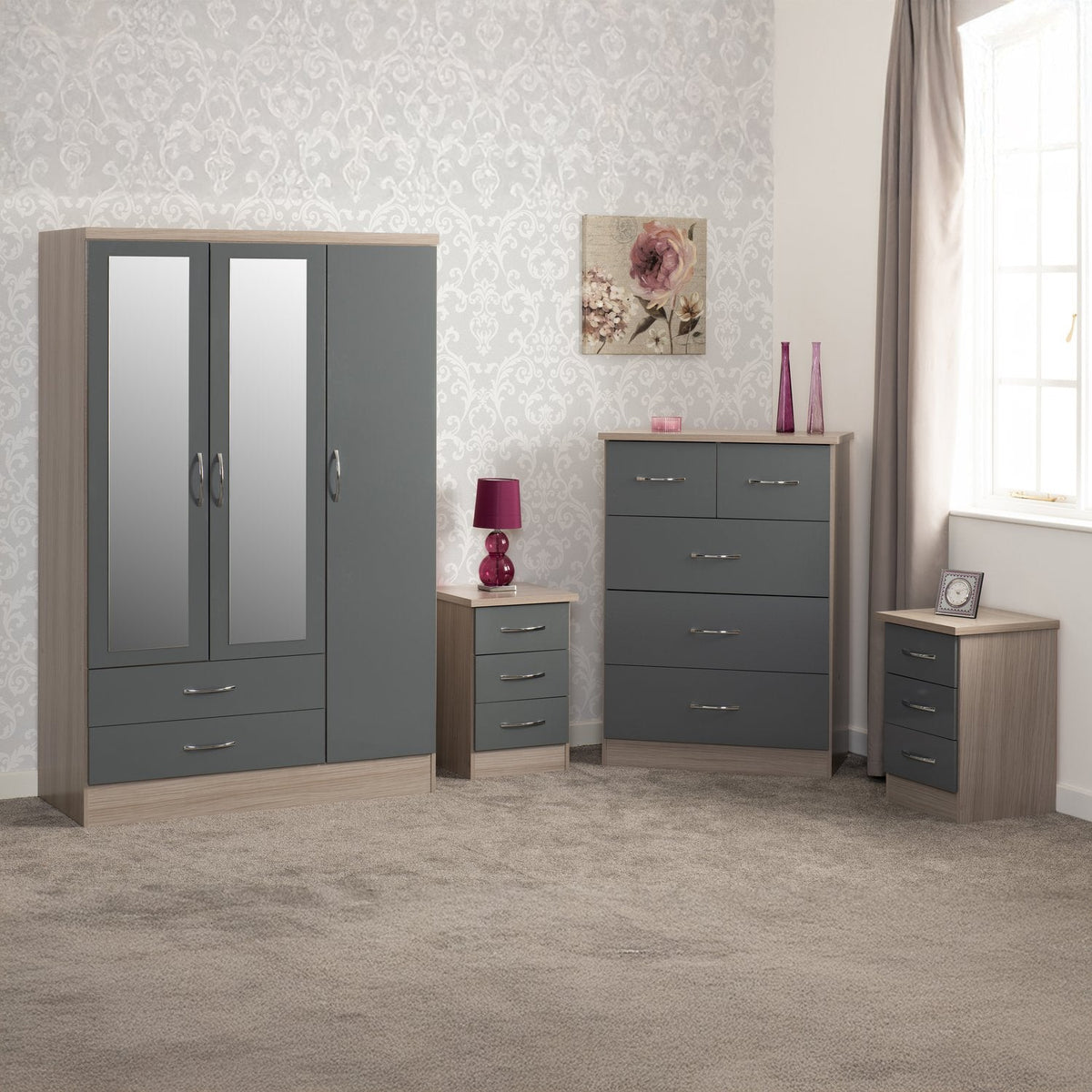 Nevada 3 Door 2 Drawer Mirrored Wardrobe Bedroom Set - Grey Gloss/Light Oak Effect Veneer
