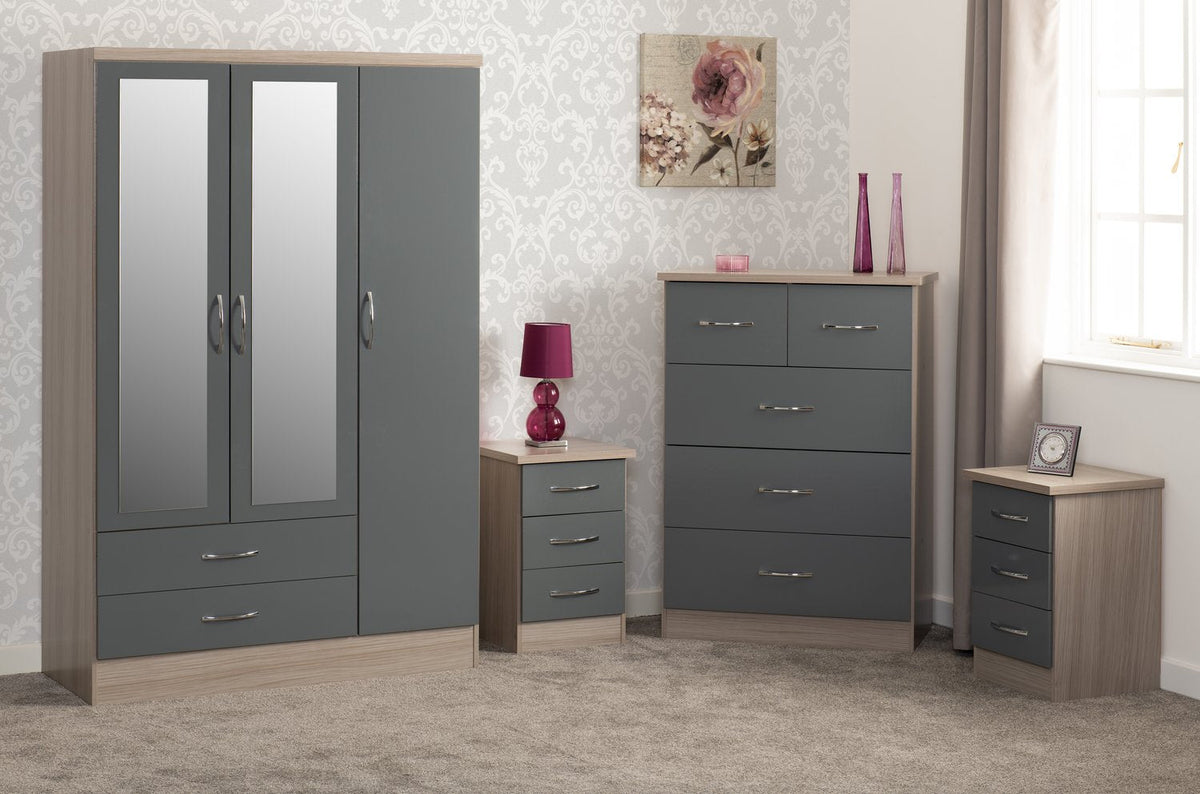 Nevada 3 Door 2 Drawer Mirrored Wardrobe Bedroom Set - Grey Gloss/Light Oak Effect Veneer