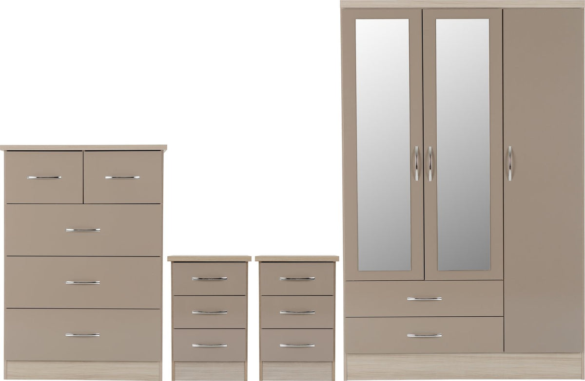 Nevada 3 Door 2 Drawer Mirrored Wardrobe Bedroom Set - Oyster Gloss/Light Oak Effect Veneer