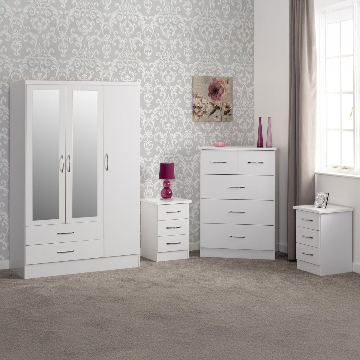 Nevada 3 Door 2 Drawer Mirrored Wardrobe Bedroom Set - White Gloss