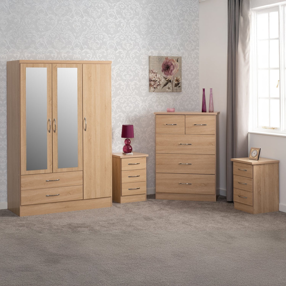 Nevada 3 Door 2 Drawer Mirrored Wardrobe Bedroom Set - Sonoma Oak Effect