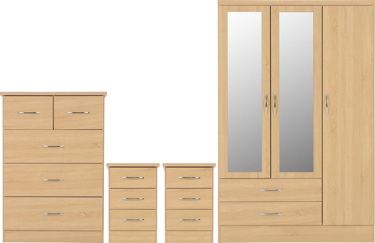 Nevada 3 Door 2 Drawer Mirrored Wardrobe Bedroom Set - Sonoma Oak Effect
