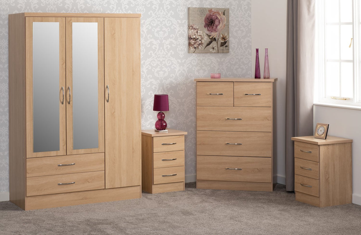Nevada 3 Door 2 Drawer Mirrored Wardrobe Bedroom Set - Sonoma Oak Effect