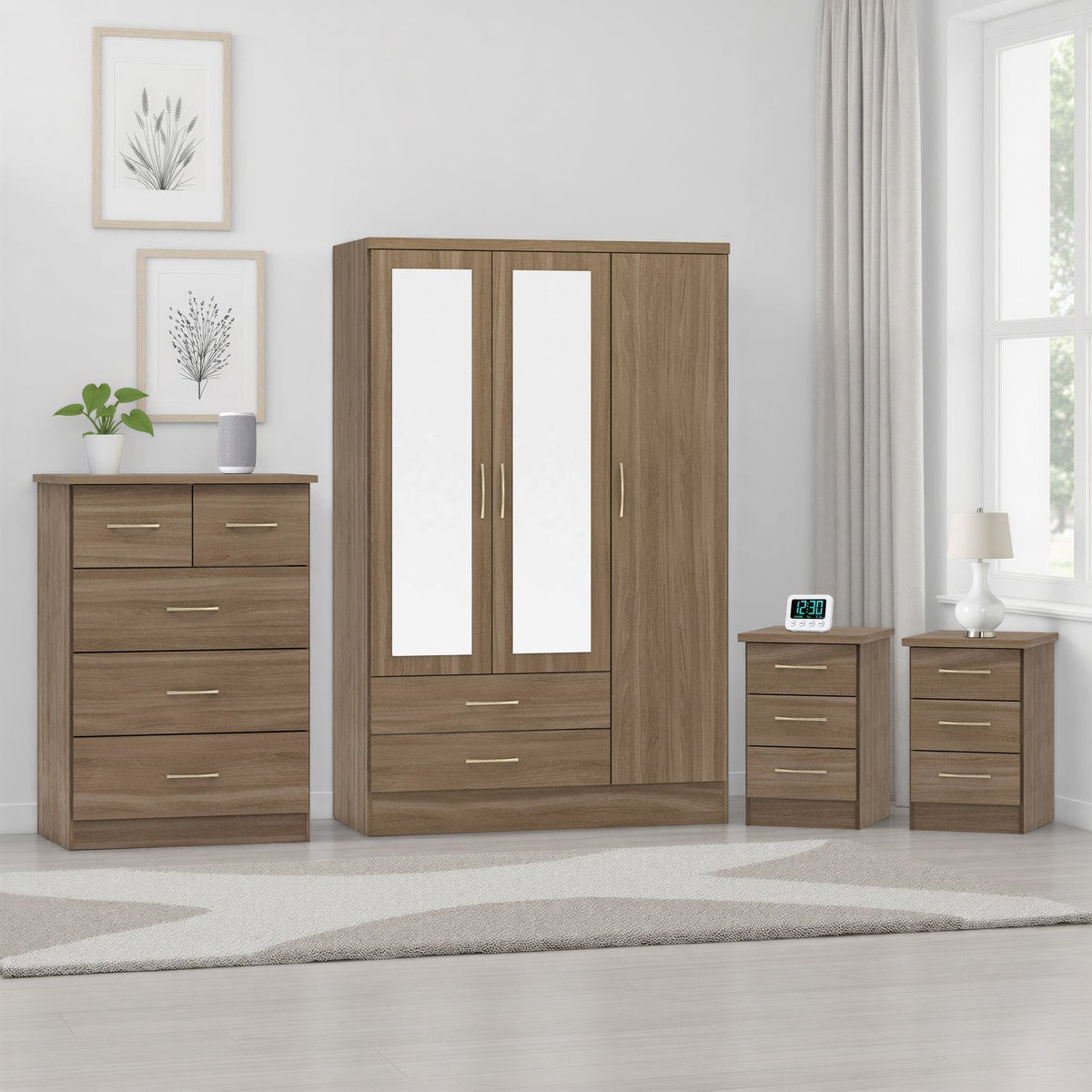 Nevada 3 Door 2 Drawer Mirrored Wardrobe Bedroom Set - Rustic Oak Effect