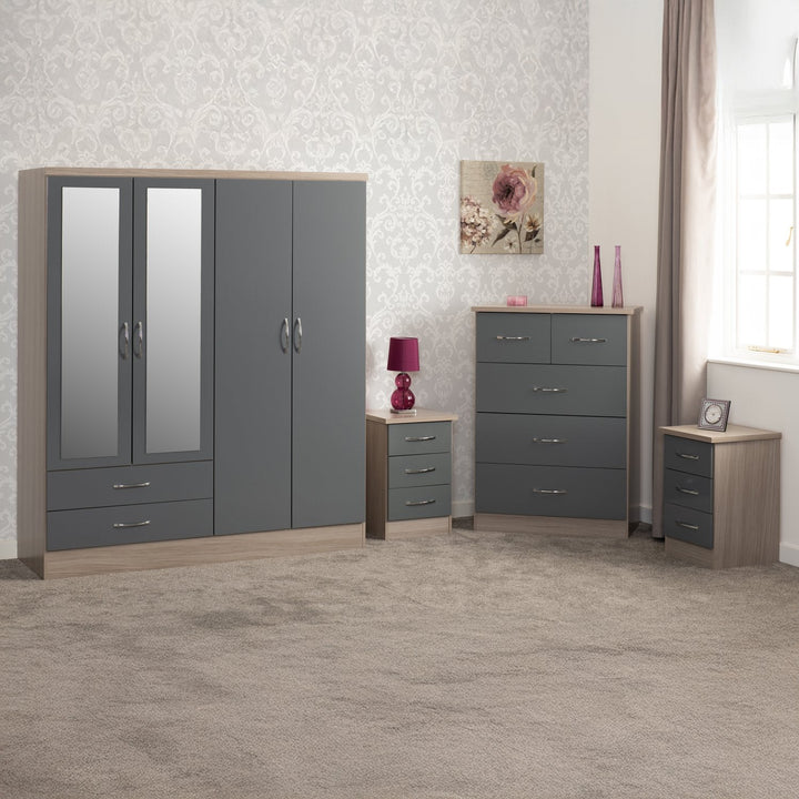 Nevada 4 Door 2 Drawer Mirrored Wardrobe Bedroom Set - Grey Gloss/Light Oak Effect Veneer