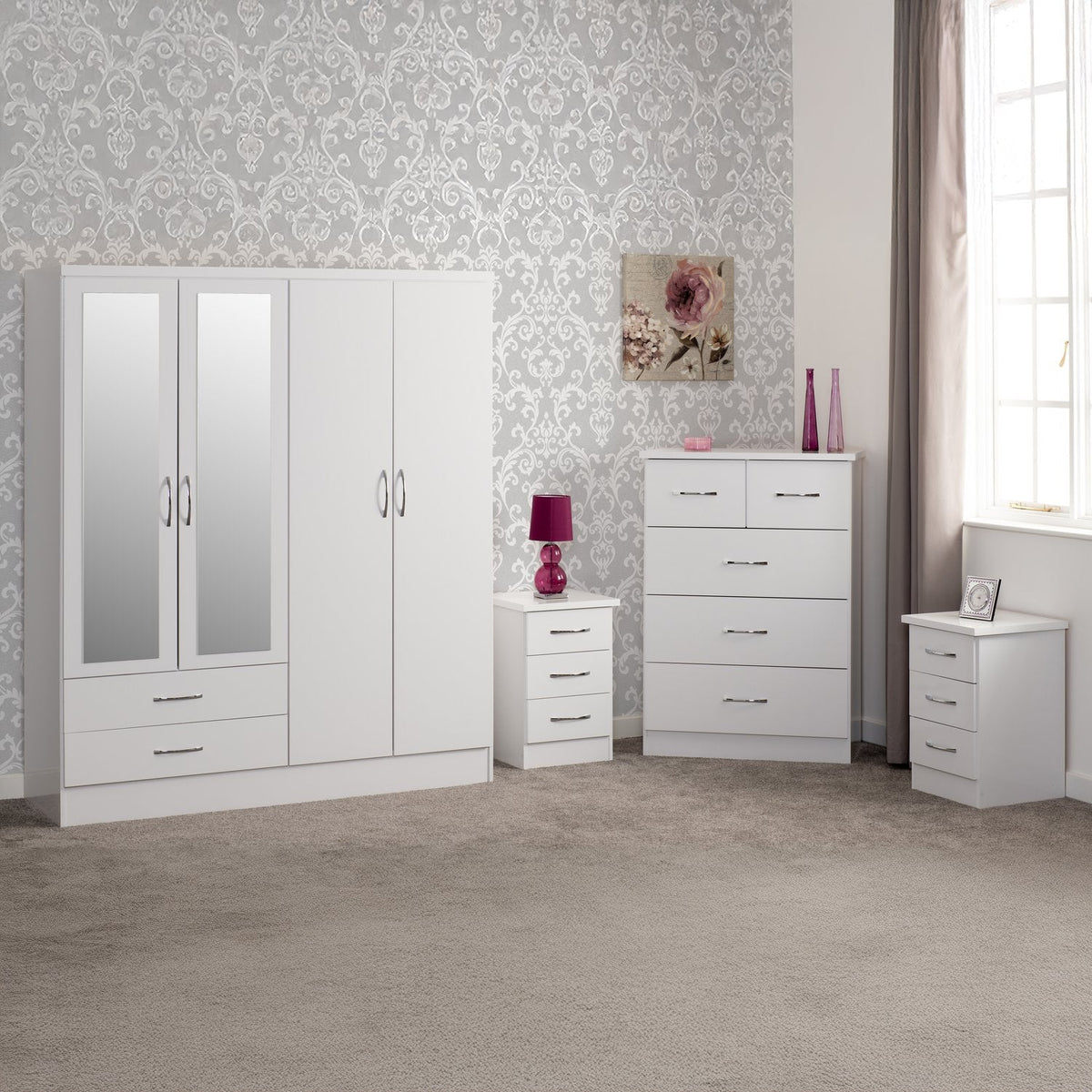 Nevada 4 Door 2 Drawer Mirrored Wardrobe Bedroom Set - White Gloss