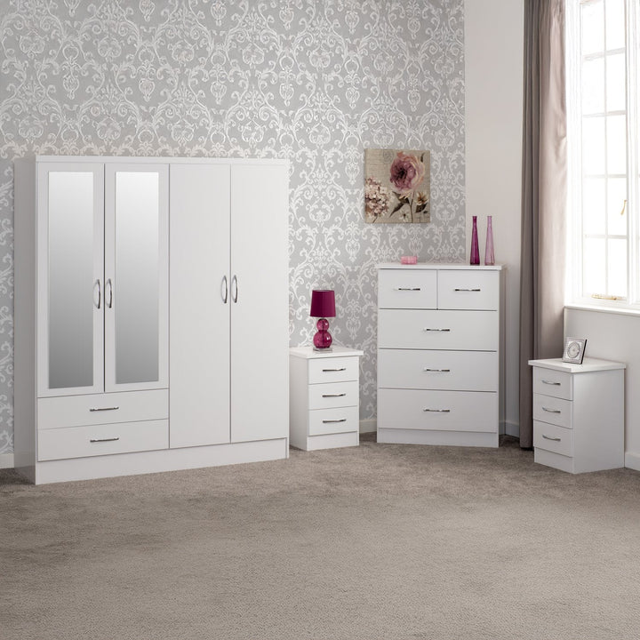 Nevada 4 Door 2 Drawer Mirrored Wardrobe Bedroom Set - White Gloss