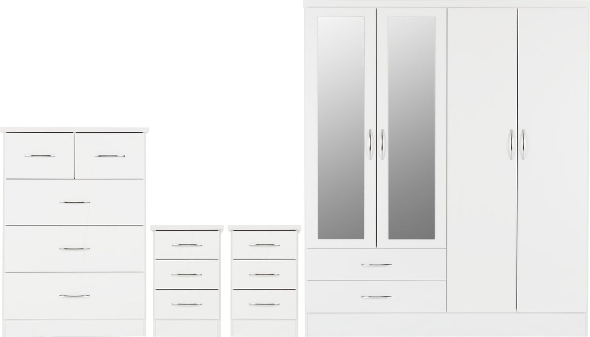 Nevada 4 Door 2 Drawer Mirrored Wardrobe Bedroom Set - White Gloss