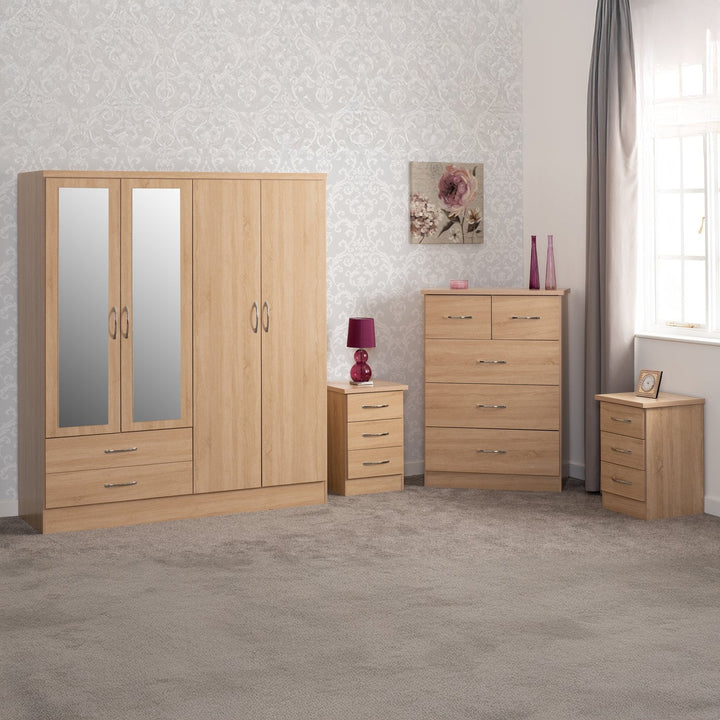 Nevada 4 Door 2 Drawer Mirrored Wardrobe Bedroom Set - Sonoma Oak Effect