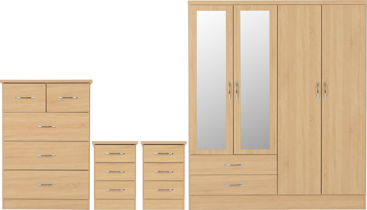 Nevada 4 Door 2 Drawer Mirrored Wardrobe Bedroom Set - Sonoma Oak Effect