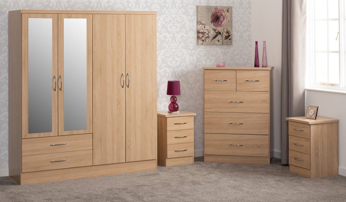 Nevada 4 Door 2 Drawer Mirrored Wardrobe Bedroom Set - Sonoma Oak Effect