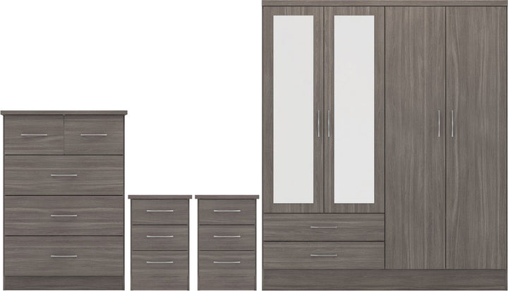 Nevada 4 Door 2 Drawer Mirrored Wardrobe Bedroom Set - Black Wood Grain