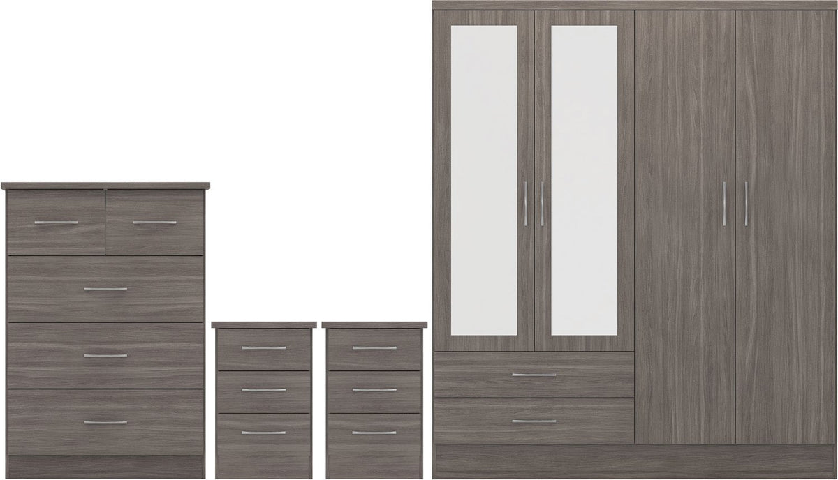 Nevada 4 Door 2 Drawer Mirrored Wardrobe Bedroom Set - Black Wood Grain