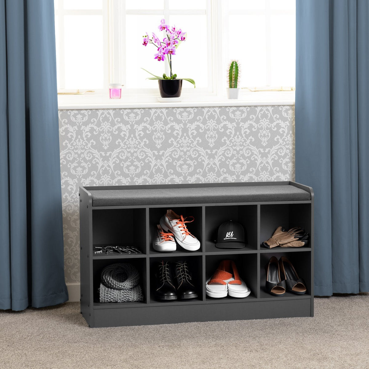 Portland Shoe Bench - Grey/Steel Fabric