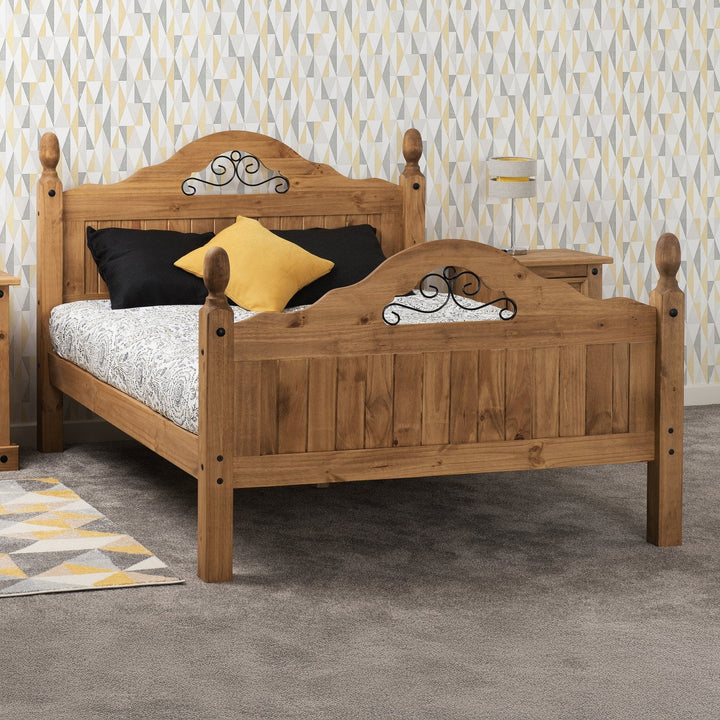 Corona Scroll 4'6" Bed High Foot End - Distressed Waxed Pine