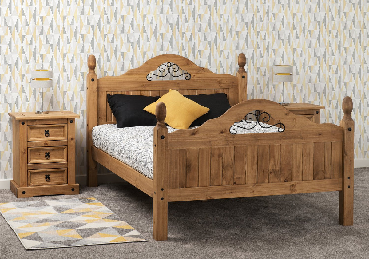 Corona Scroll 4'6" Bed High Foot End - Distressed Waxed Pine