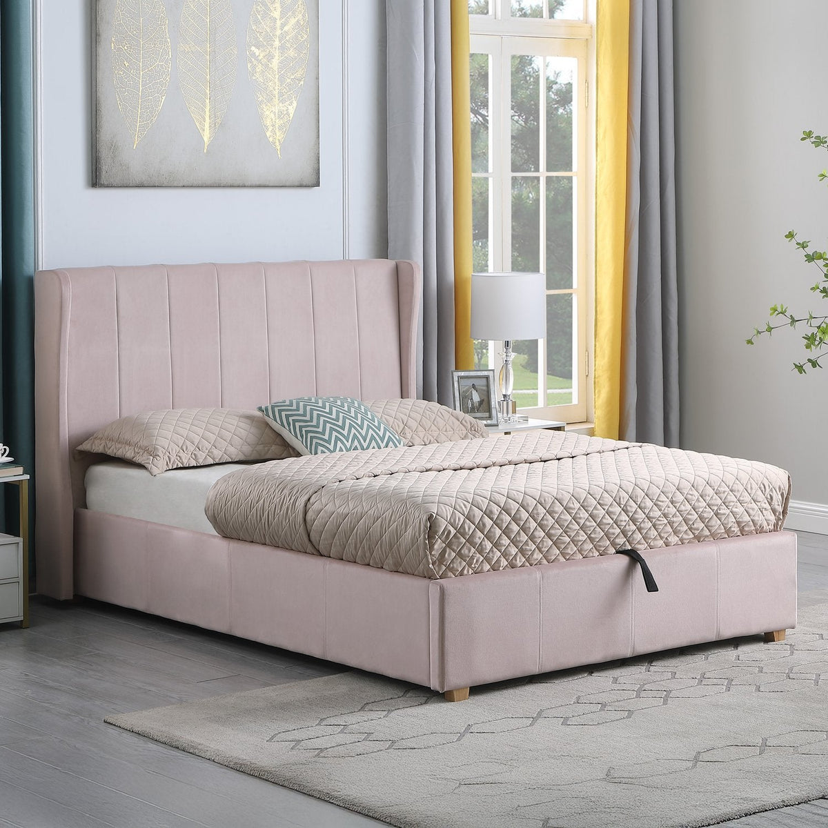 Amelia Plus 4'6" Storage Bed - Pink Velvet Fabric