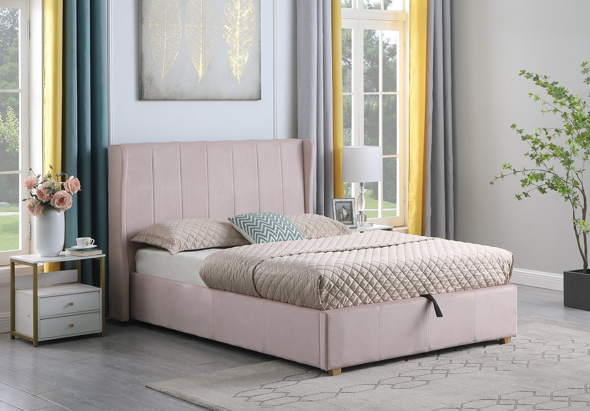 Amelia Plus 4'6" Storage Bed - Pink Velvet Fabric