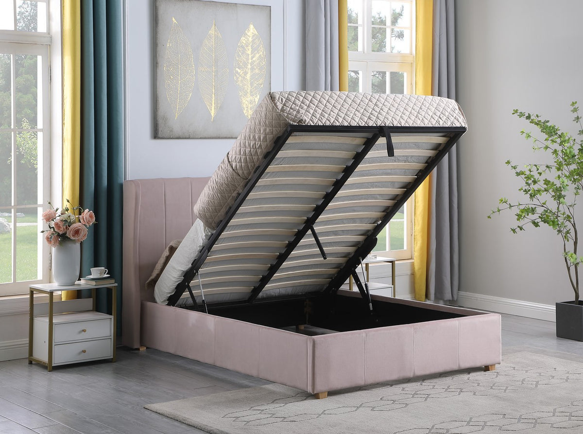 Amelia Plus 4'6" Storage Bed - Pink Velvet Fabric