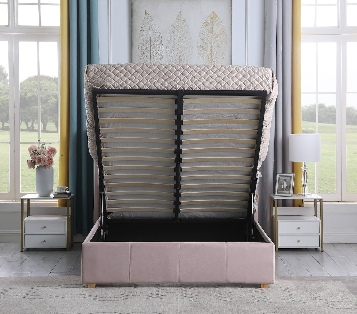 Amelia Plus 4'6" Storage Bed - Pink Velvet Fabric