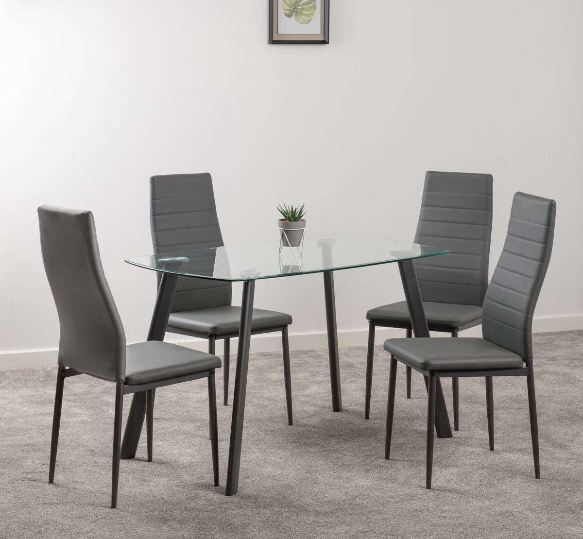 Abbey Dining Set - Clear Glass/Grey/Grey Faux Leather