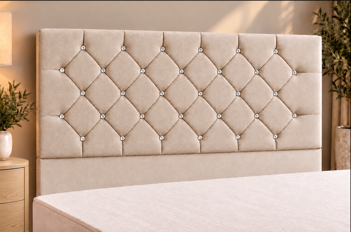 Premium divan base with 137cm floor standing chesterfield diamante headboard
