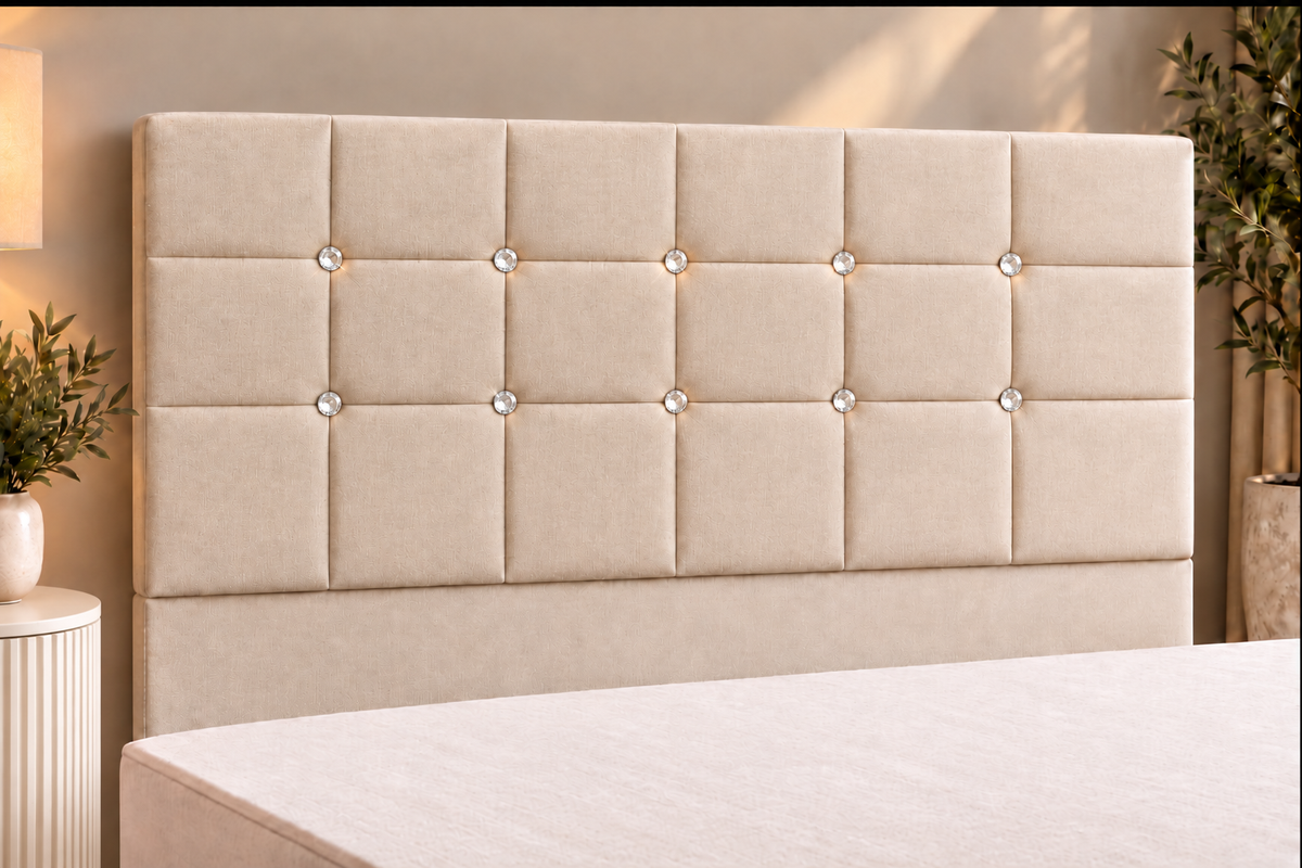 Premium divan base with 137cm floor standing square diamante headboard