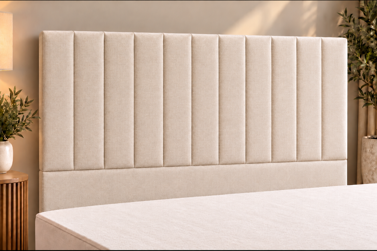 Premium divan base with 137cm floor standing lined headboard