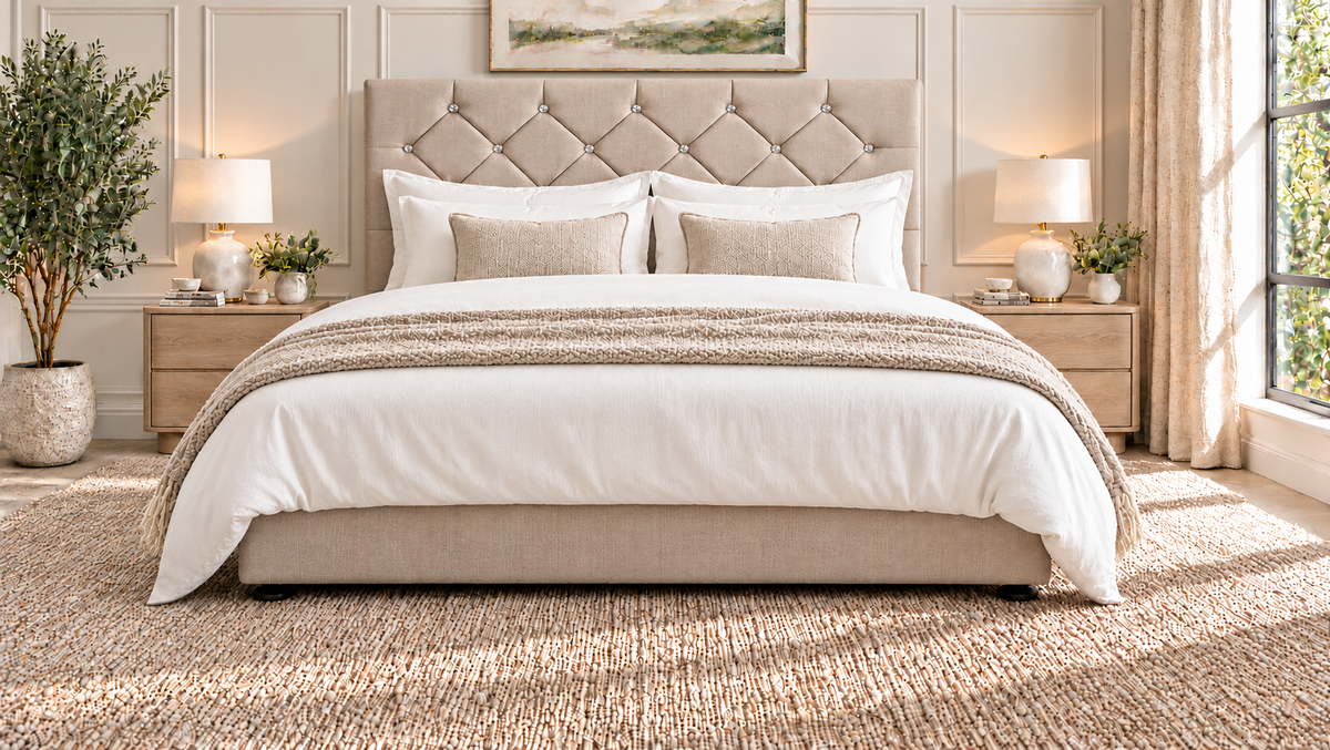 Premium divan base with 137cm floor standing chesterfield diamante headboard