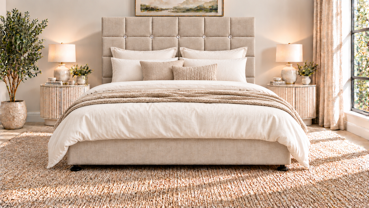 Premium divan base with 137cm floor standing square diamante headboard