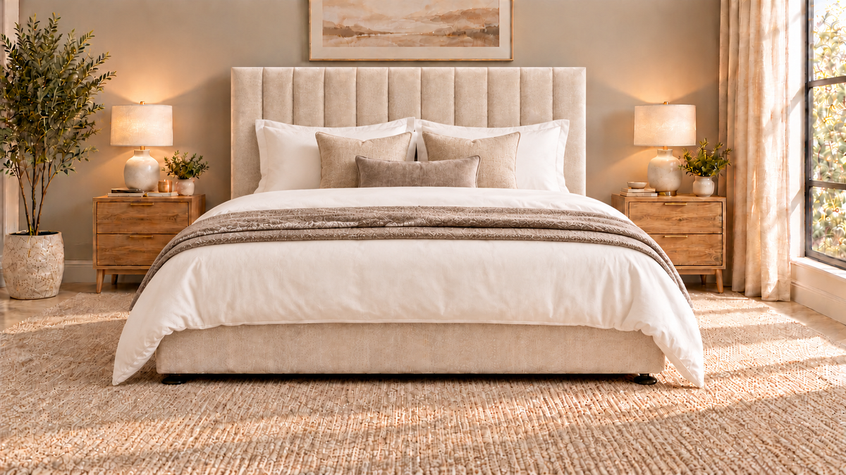 Premium divan base with 137cm floor standing lined headboard