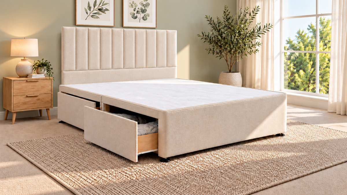 Premium divan base with 137cm floor standing lined headboard