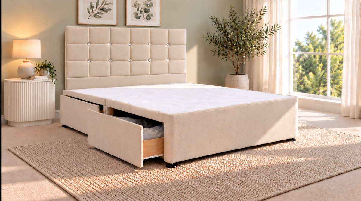 Premium divan base with 137cm floor standing square diamante headboard
