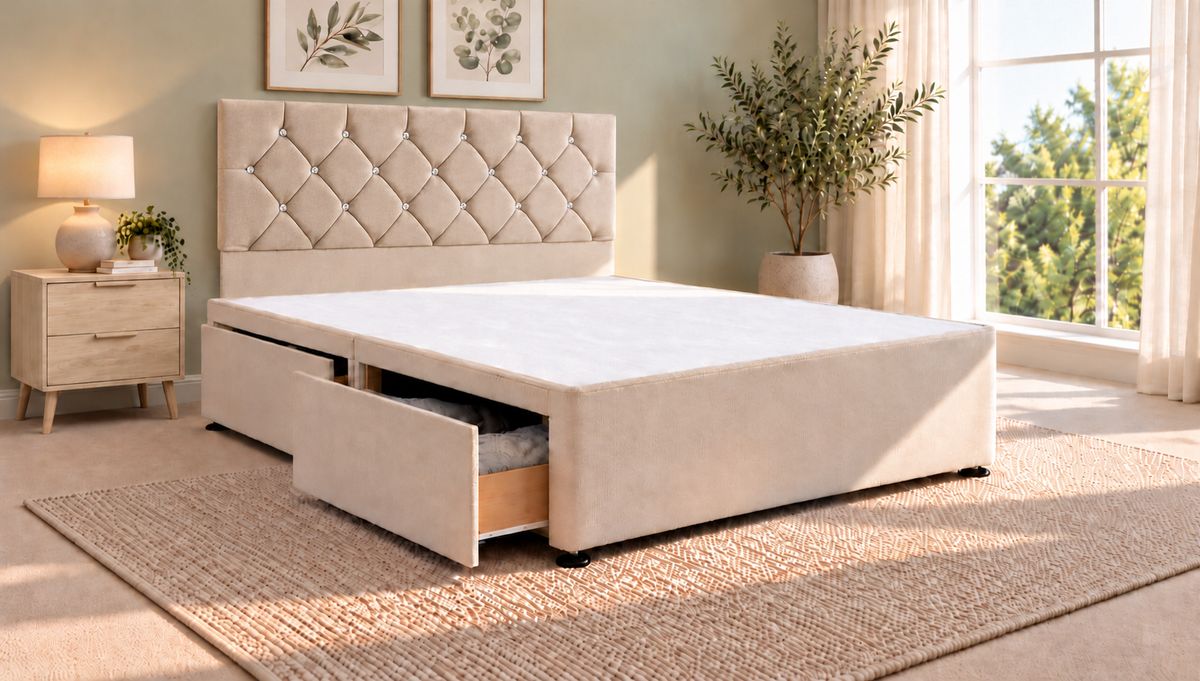 Premium divan base with 137cm floor standing chesterfield diamante headboard