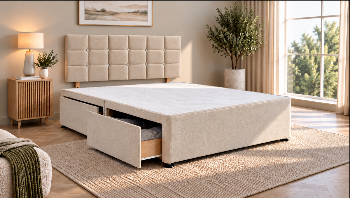 Premium divan base with 66cm square diamante headboard