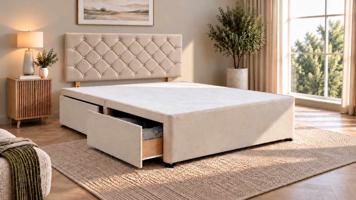 Premium divan base with 66cm chesterfield diamante headboard