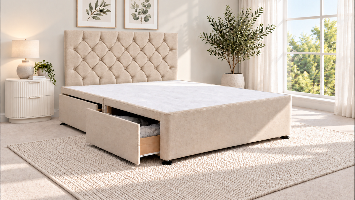 Premium divan base with 137cm floor standing chesterfield headboard