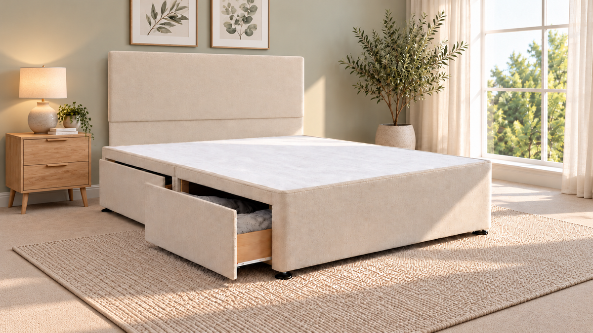Premium divan base with 137cm floor standing plain headboard