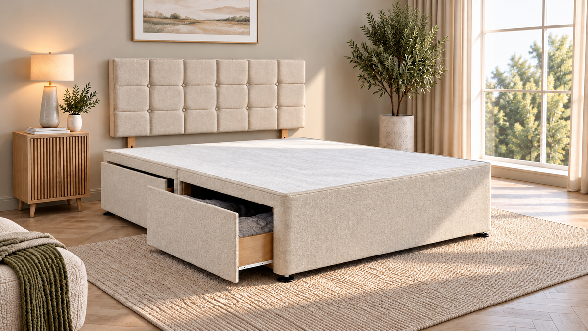Premium divan base with 66cm square button headboard