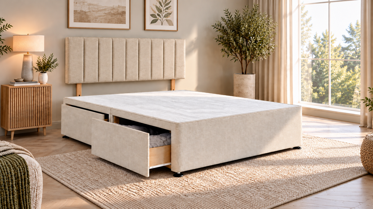 Premium divan base with 66cm lined headboard