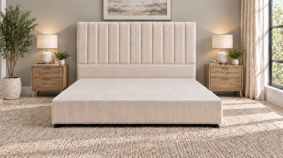 Premium divan base with 137cm floor standing lined headboard