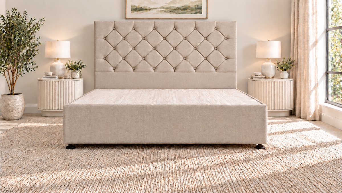 Premium divan base with 137cm floor standing chesterfield headboard